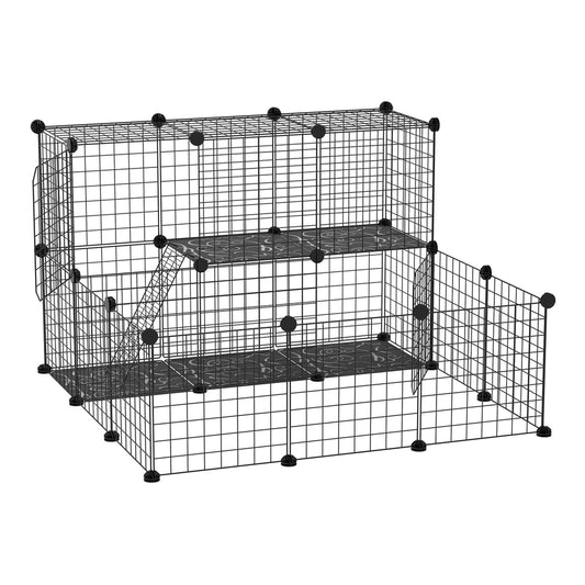 PawHut Pet Playpen w/ Door Customisable Fence, a black wire cage with two levels and a ramp
