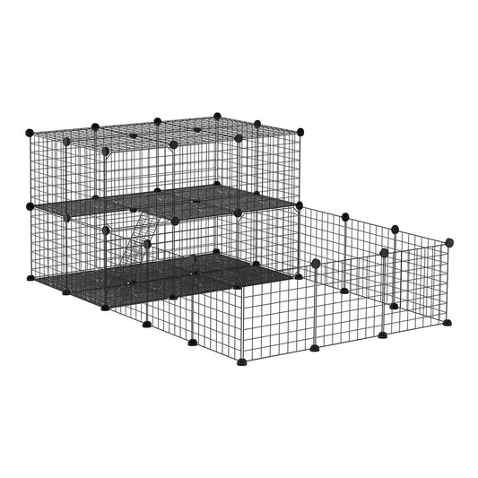 PawHut Pet Playpen with Door, a black metal mesh cage with multiple levels and a ramp