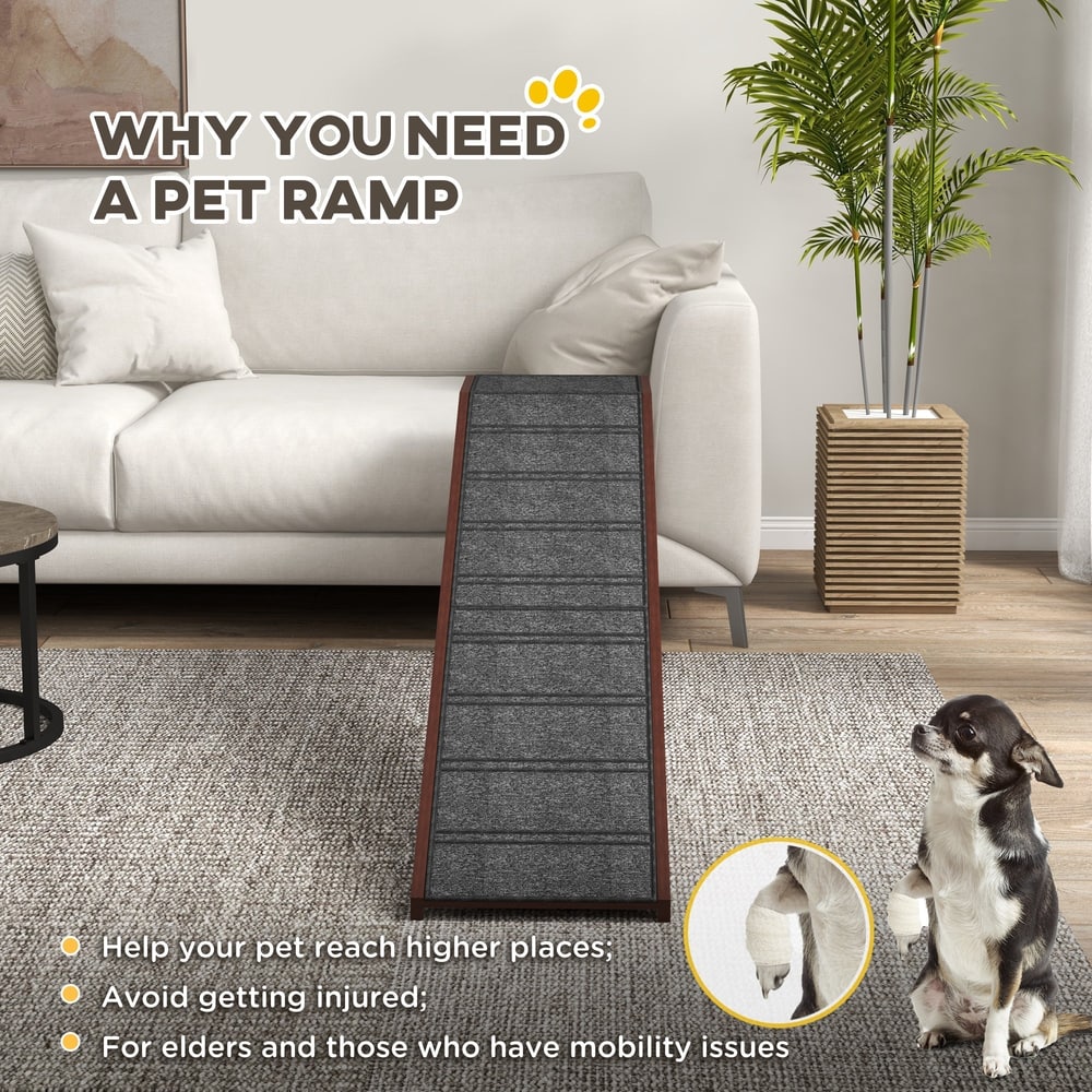 The pet steps and ramp in a living room with a small dog standing beside it