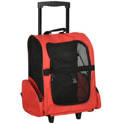 PawHut Pet Travel Backpack Bag Cat Puppy Dog Carrier w/ Trolley in red, showing the front with wheels and handle