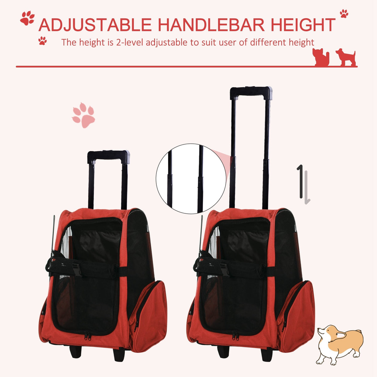 The red pet carrier backpack with its adjustable telescopic handle extended to two heights