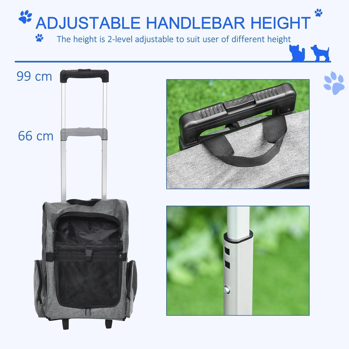 Close up of the adjustable telescopic handle on the grey pet carrier