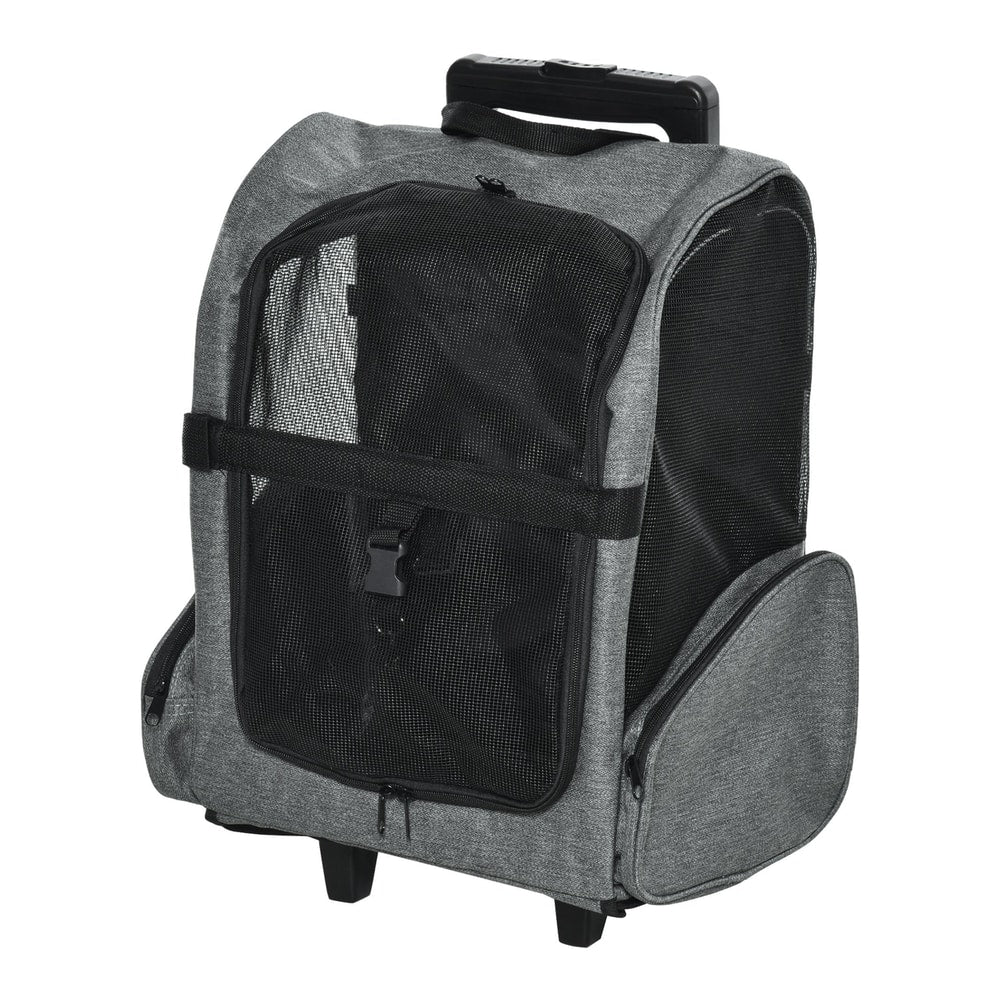 PawHut Pet Travel Backpack Bag Cat Puppy Dog Carrier w/ Trolley in grey, shown from the front with wheels and handle extended