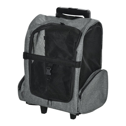 PawHut Pet Travel Backpack Bag Cat Puppy Dog Carrier w/ Trolley in grey, shown from the front with wheels and handle extended
