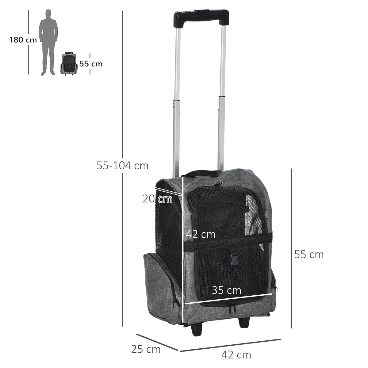 Dimensions diagram for the grey pet travel backpack carrier