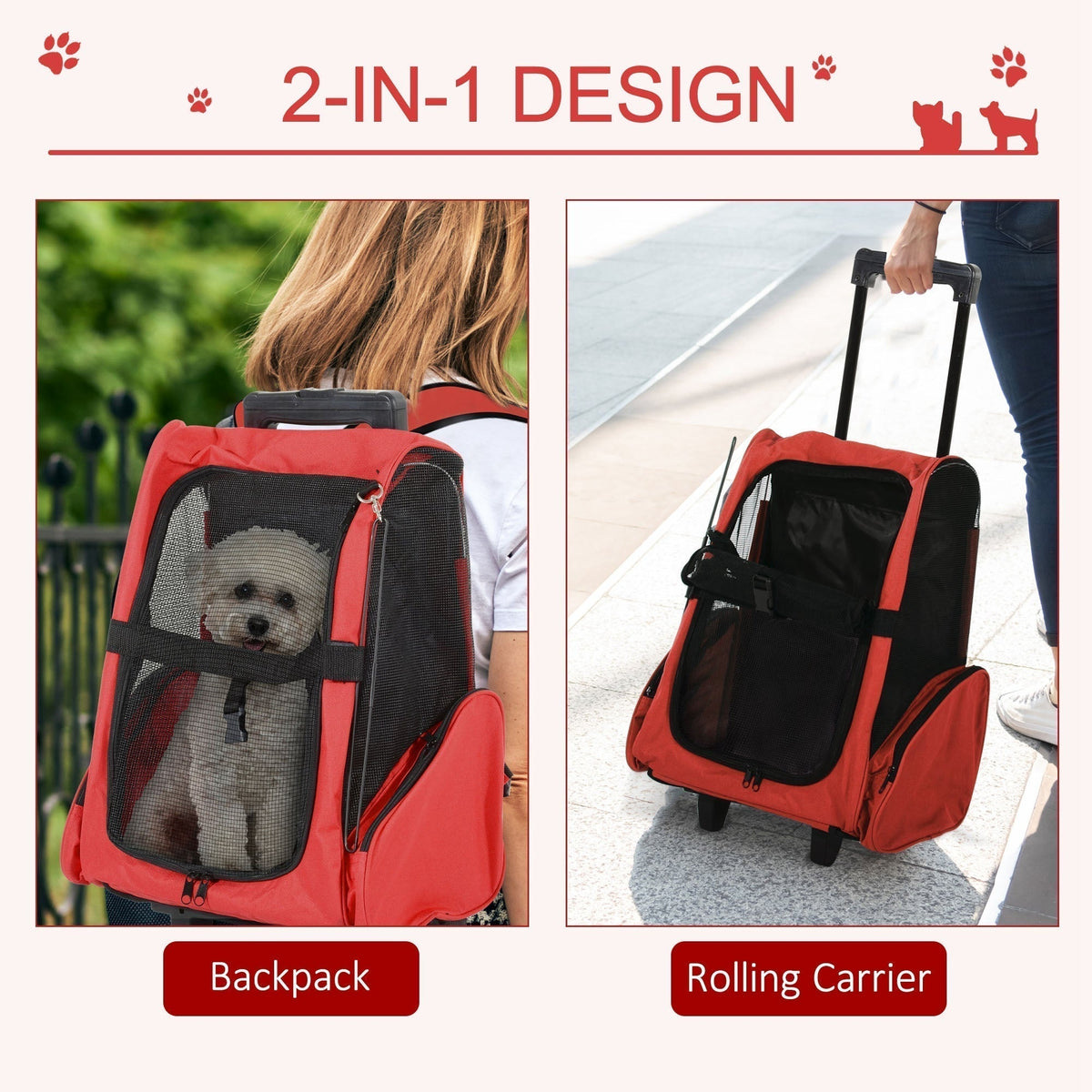 The red pet carrier backpack shown as a backpack and as a rolling carrier