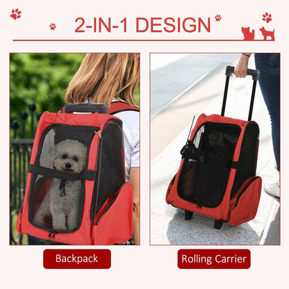 The red pet carrier backpack shown as a backpack and as a rolling carrier