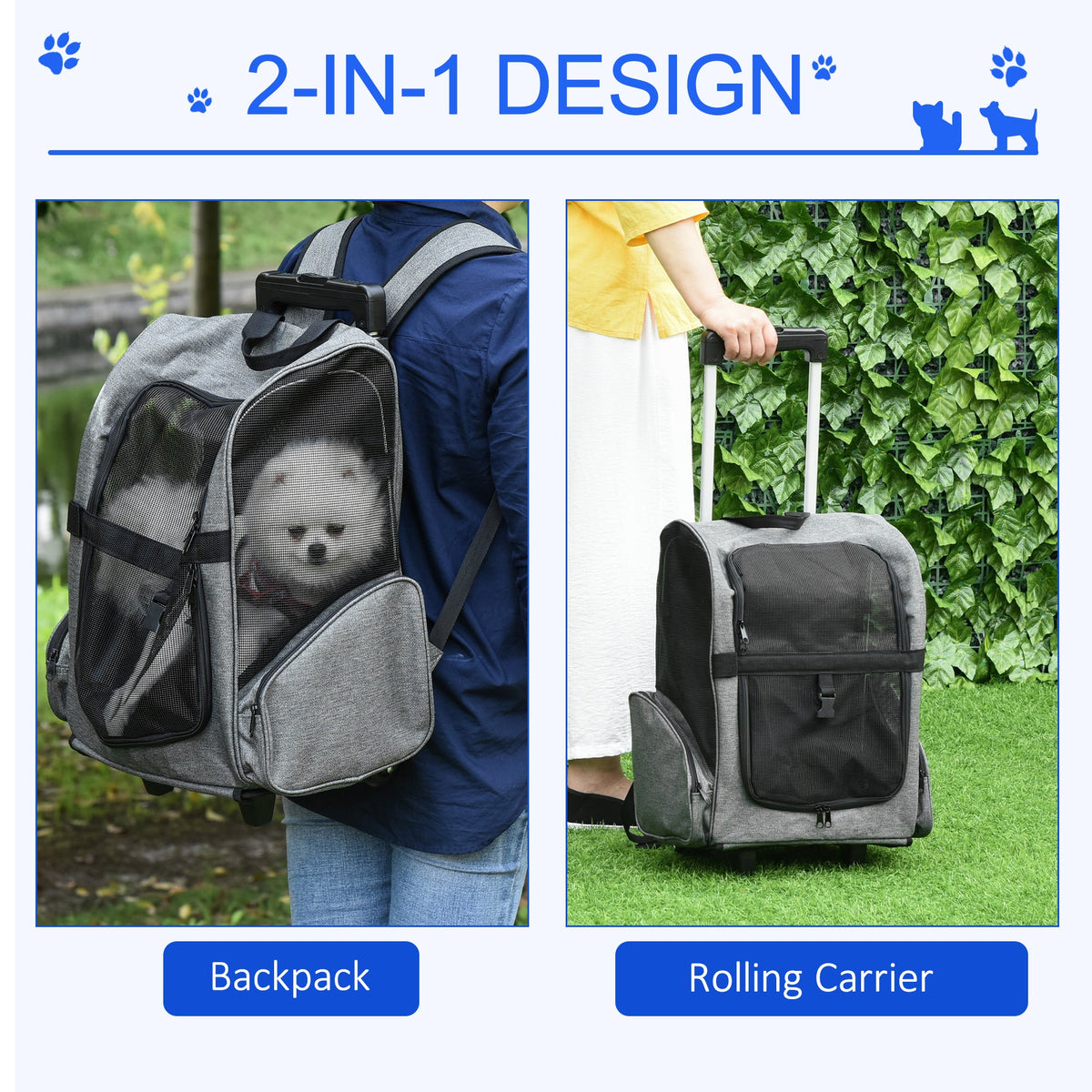Grey pet carrier shown as a backpack and as a rolling trolley