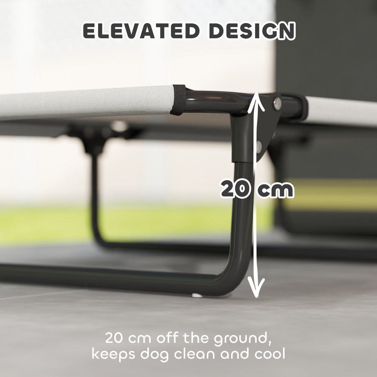 The dog bed frame showing the height clearance from the ground to keep the pet cool and clean