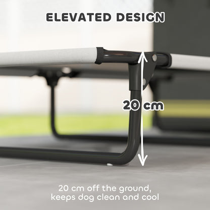 The dog bed frame showing the height clearance from the ground to keep the pet cool and clean
