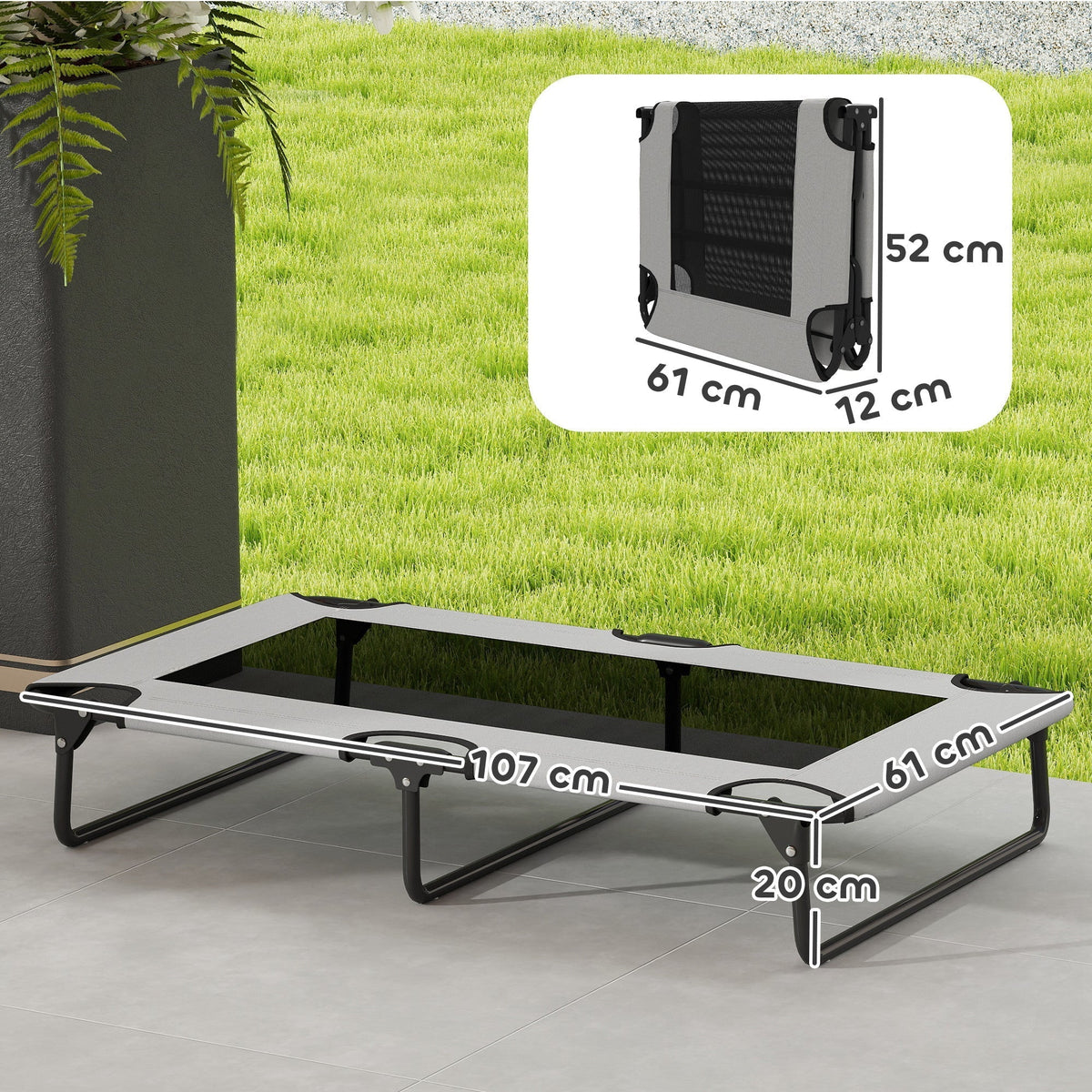 the elevated dog bed on a patio with an inset graphic showing the folded frame dimensions