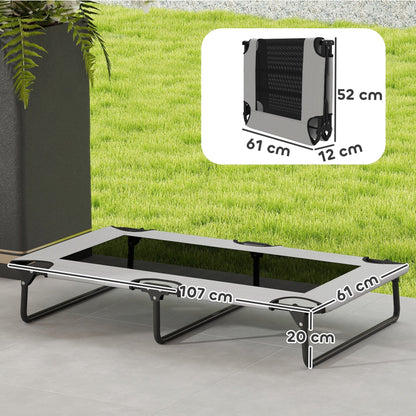 the elevated dog bed on a patio with an inset graphic showing the folded frame dimensions