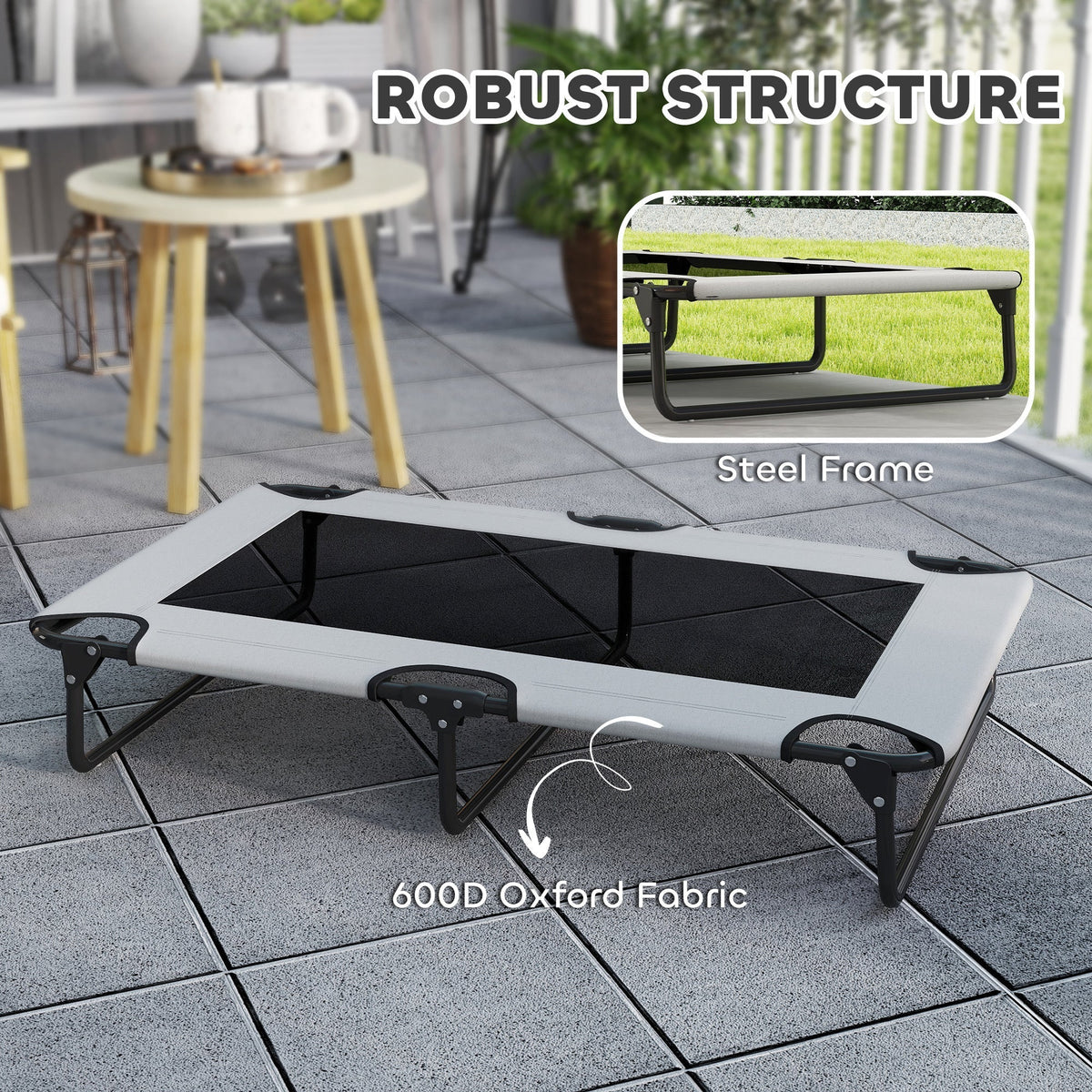The elevated pet cot highlighting the robust steel frame and the durable fabric material used