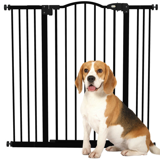 PawHut Pressure Fit Dog Stair Gate with a beagle sitting in front of it
