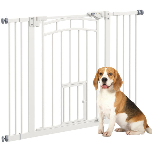 PawHut Pressure Fit Stair Dog Gate with a small dog door and a beagle sitting in front