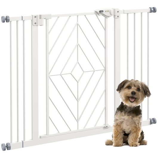 PawHut Pressure Fit Stair Gate a white metal safety barrier with a diamond pattern in the centre