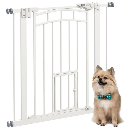 PawHut Pressure Fit Stair Gate, a white metal safety barrier with a small pet door