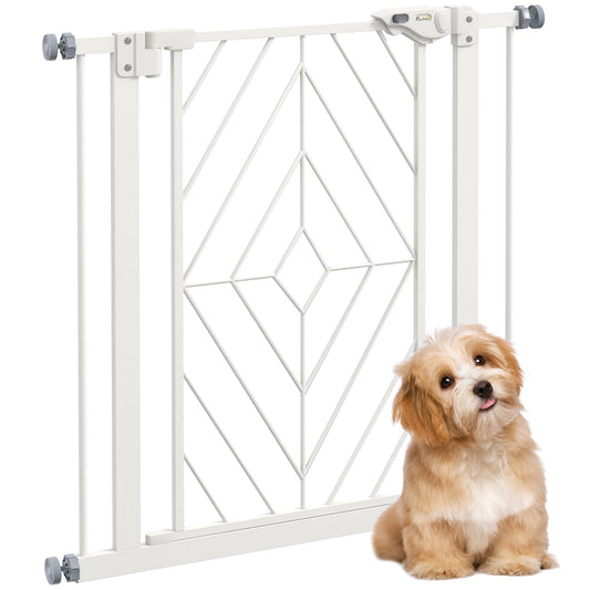 PawHut Pressure Fit Stair Gate, a white metal gate with a diamond pattern in the centre, a small dog sits in front