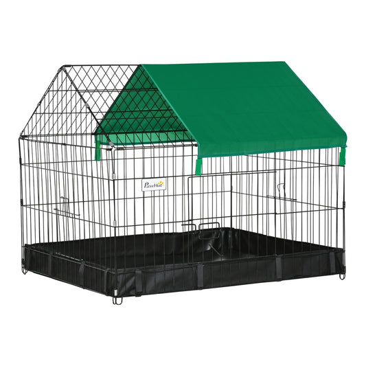 PawHut Rabbit Cage Guinea Pig Playpen with a green waterproof roof and black floor