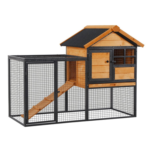 PawHut Rabbit Hutch wooden and metal outdoor pet hutch with a large run and a raised sleeping area