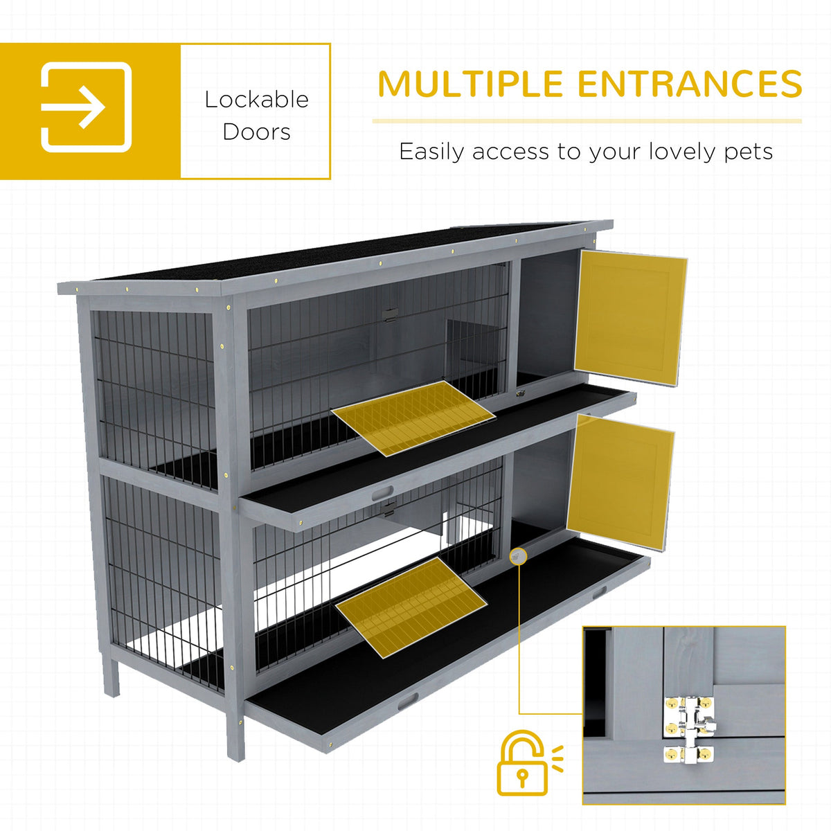 Multiple entrances to the grey two-tier rabbit hutch are shown with a close-up of the lockable doors