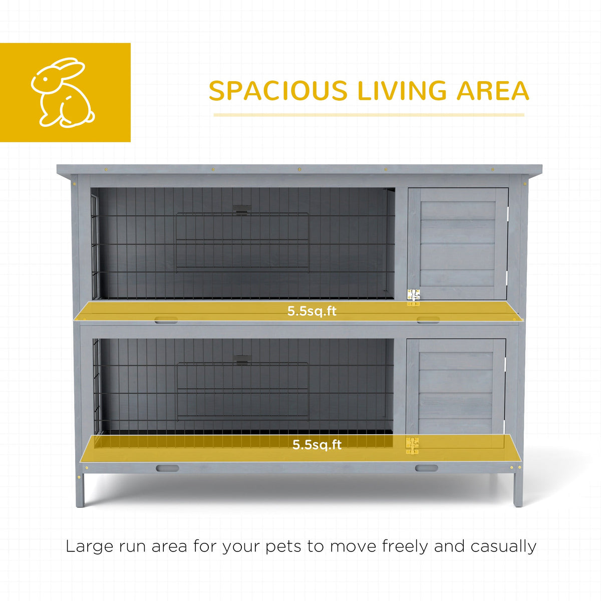 The spacious living area of the grey two-tier rabbit hutch is highlighted with text and icons