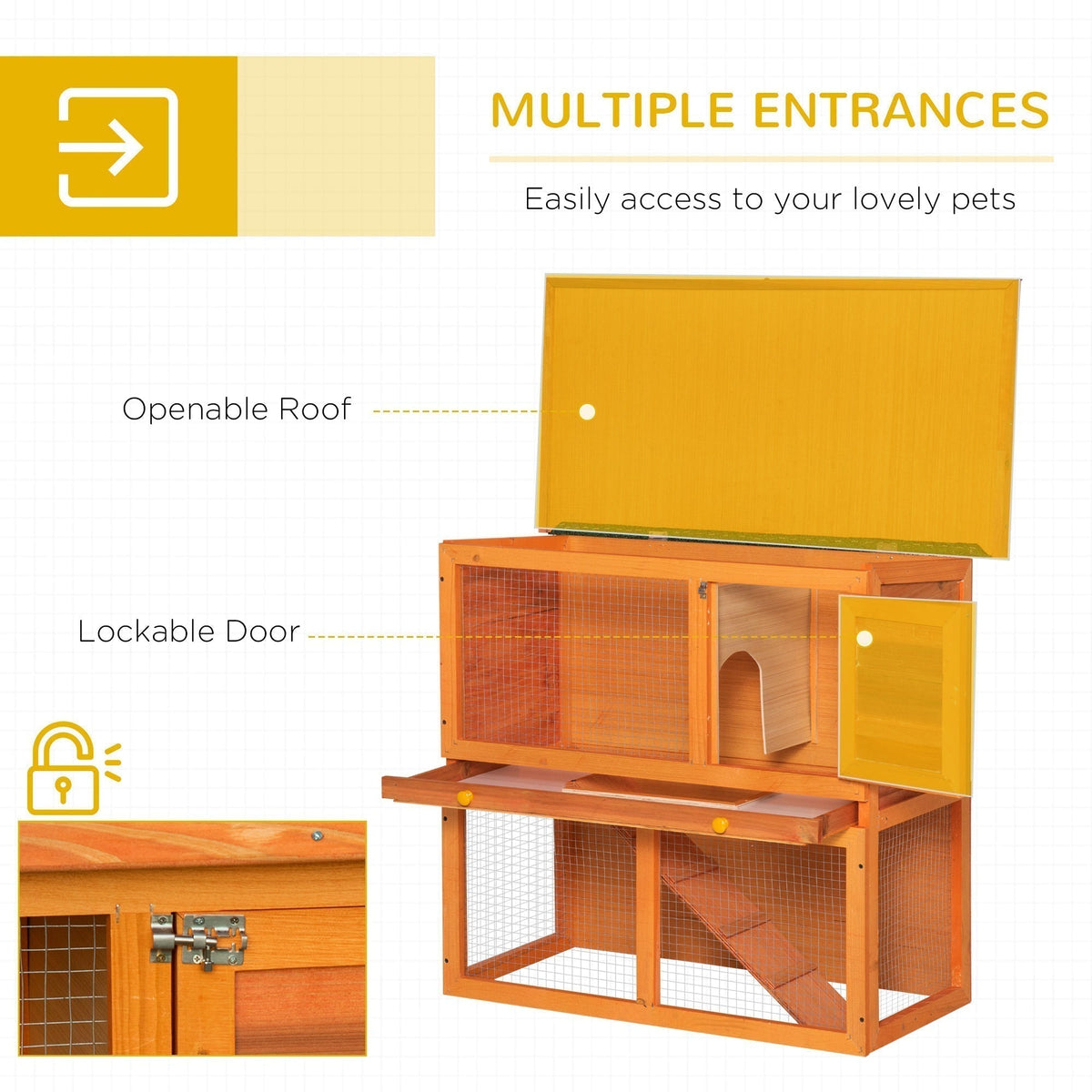 The wooden pet cage showing the openable roof and lockable door access points