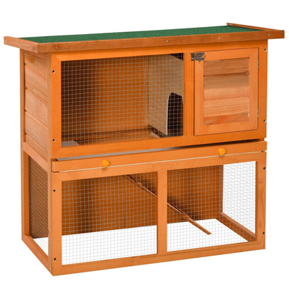 PawHut Rabbit Hutch with two levels, wire mesh panels and a green felt roof