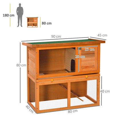 The two-tier pet hutch showing height and width dimensions against a white background