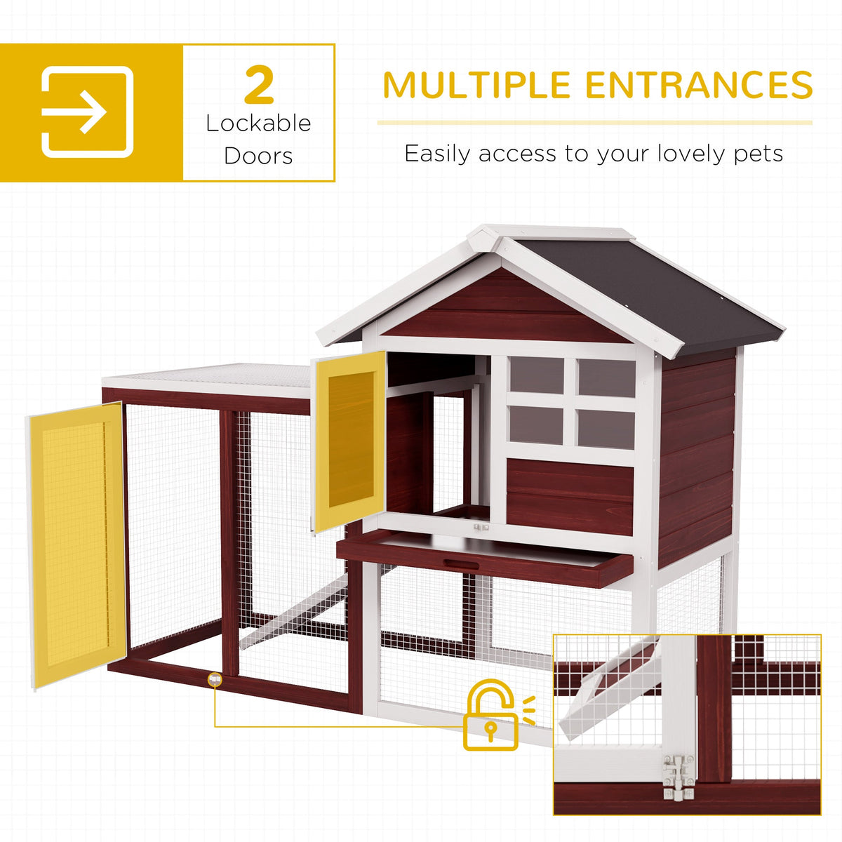 Wooden guinea pig hutch with multiple entrances and lockable doors open