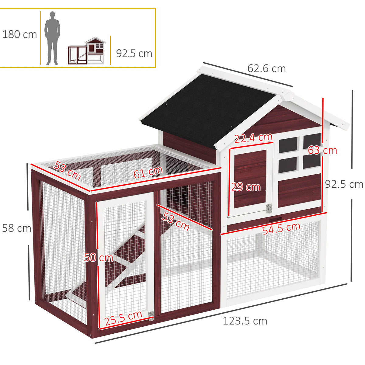 Diagram showing the dimensions of the wooden guinea pig hutch with a person for scale