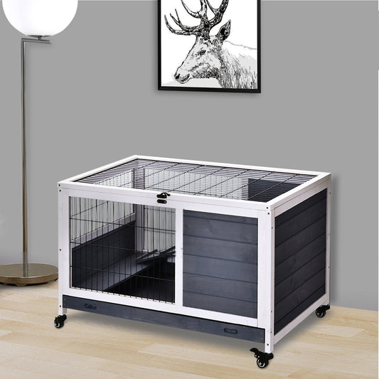 PawHut Rabbits Indoor Fir Wood Lift-Top Hutch a grey and white wooden indoor hutch with wheels