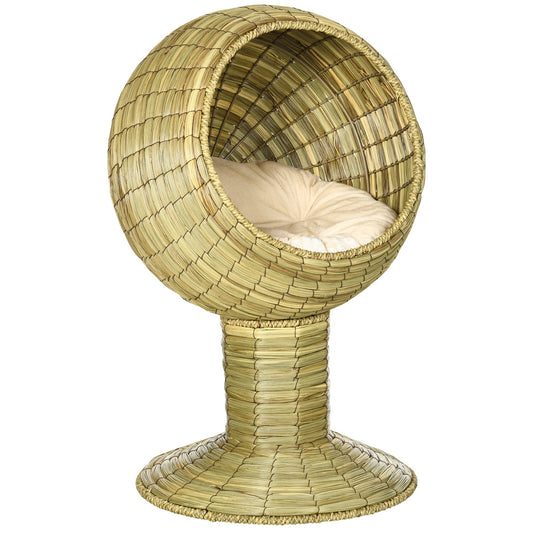 PawHut Raised Detachable Cat house, a spherical woven grass cat bed on a pedestal with a cream cushion inside