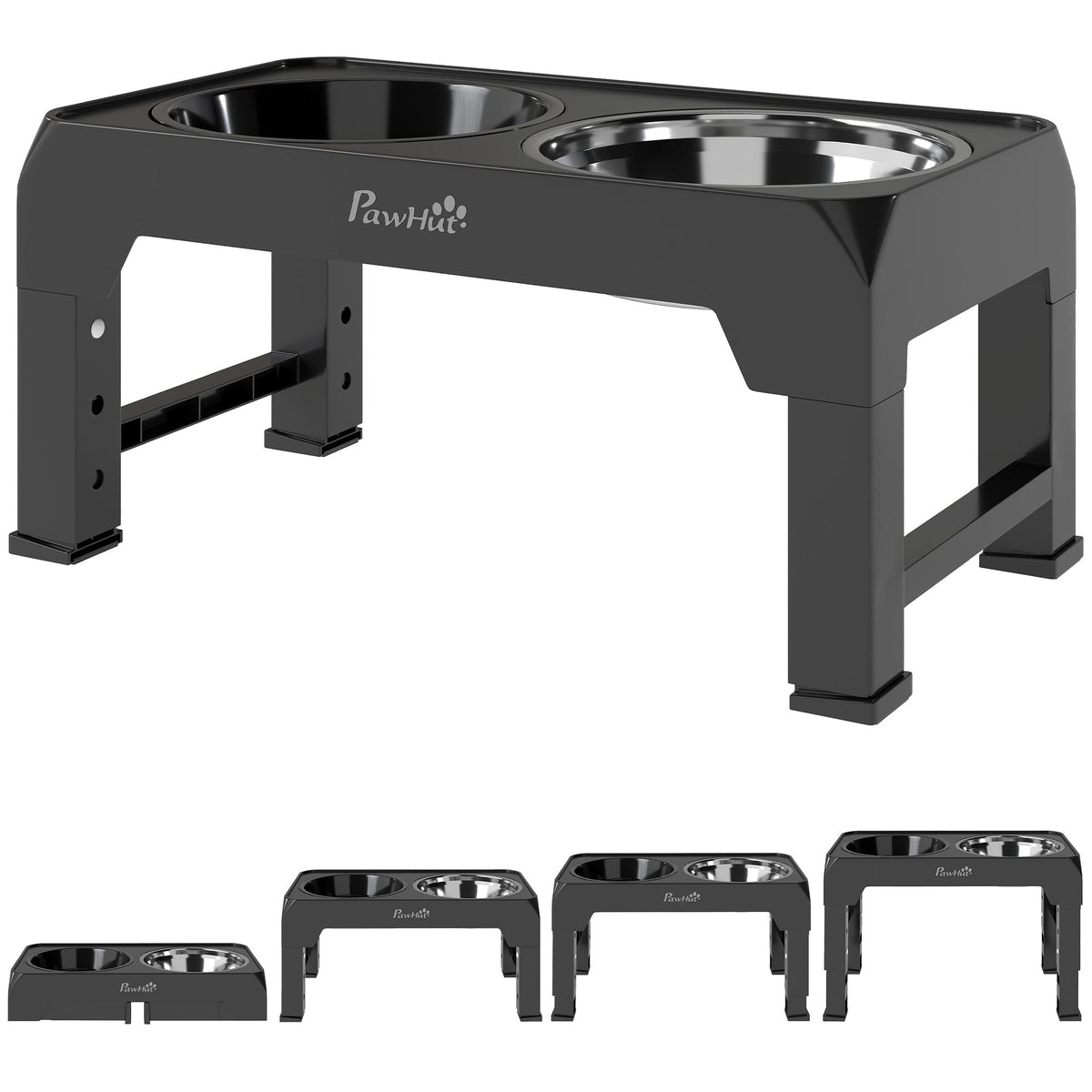 PawHut Raised Dog Bowl showing the black frame with two stainless steel bowls and adjustable legs