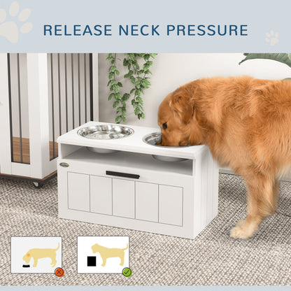 The raised dog feeder being used by a dog to show how it helps to release neck pressure