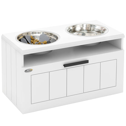 PawHut Raised Dog Bowl with Slow Feeder in white with two metal bowls and a storage drawer