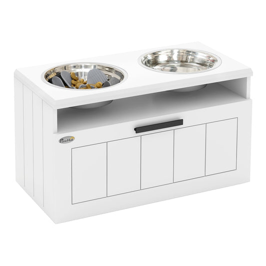 PawHut Raised Dog Bowl with Slow Feeder in white with two metal bowls and a storage drawer