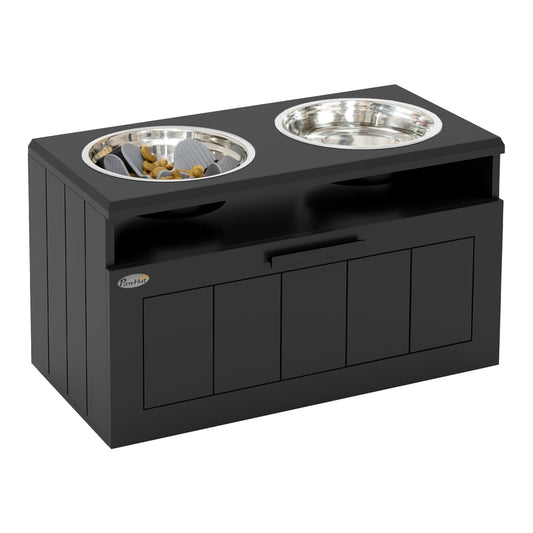 PawHut Raised Dog Bowl with Slow Feeder, a black wooden unit with two stainless steel bowls and a drawer