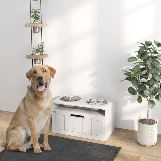 The raised dog feeder placed on a rug next to a large dog sitting in a bright living room