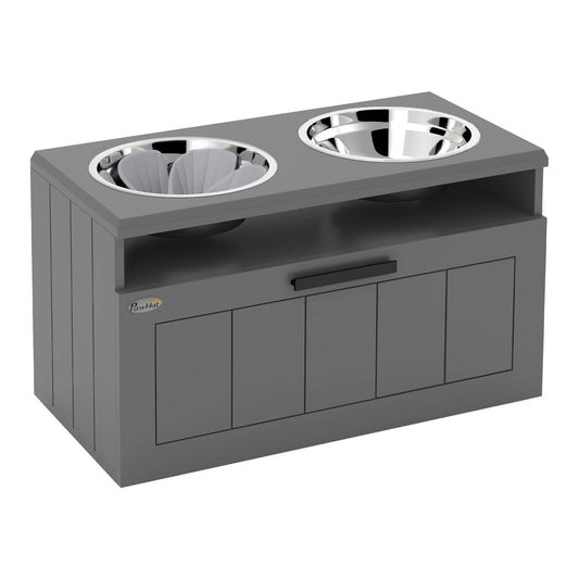 PawHut Raised Dog Bowl with Slow Feeder, a grey unit with two stainless steel bowls set into the top and a cupboard below