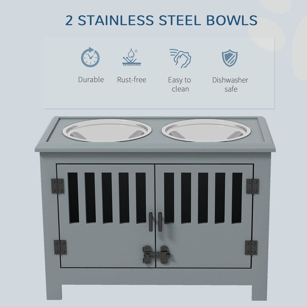The grey pet feeding station with two stainless steel bowls, highlighting durability and ease of cleaning
