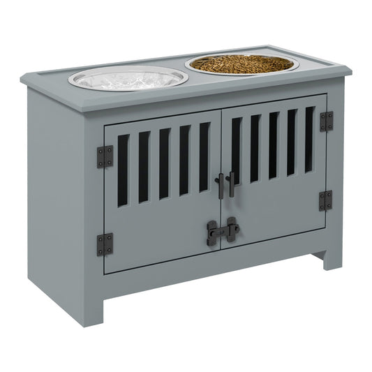 PawHut Raised Dog Bowls, a grey pet feeding station with two stainless steel bowls on top and double doors below