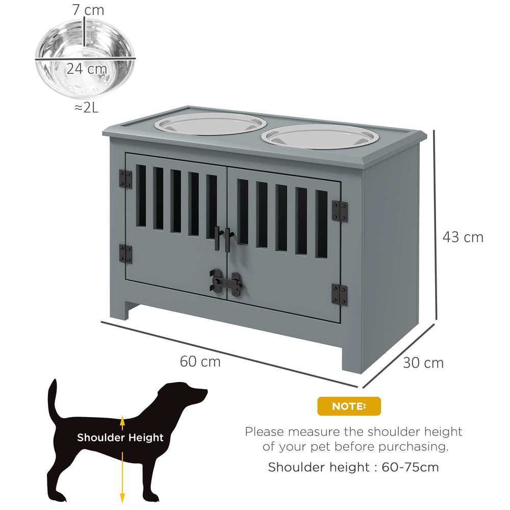 Dimensions diagram for the grey pet feeding station, showing height, width, and depth, with bowl size