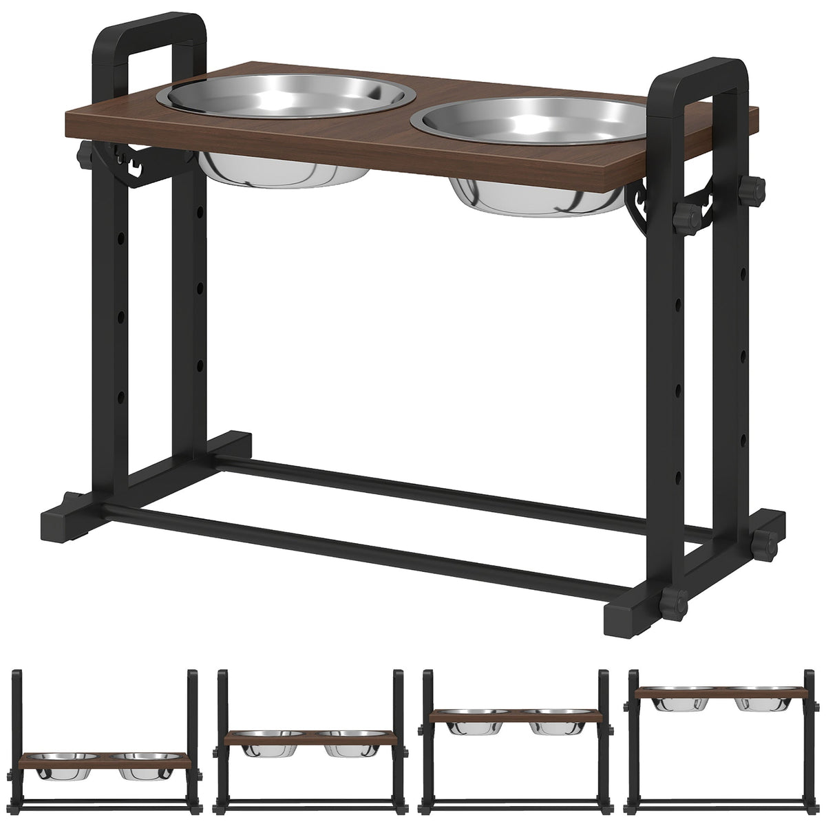 PawHut Raised Dog Bowls with Stand showing the feeder with two stainless steel bowls on a dark wood effect top
