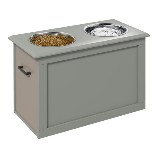 PawHut Raised Dog Bowls, a grey unit with two stainless steel bowls on top and storage below