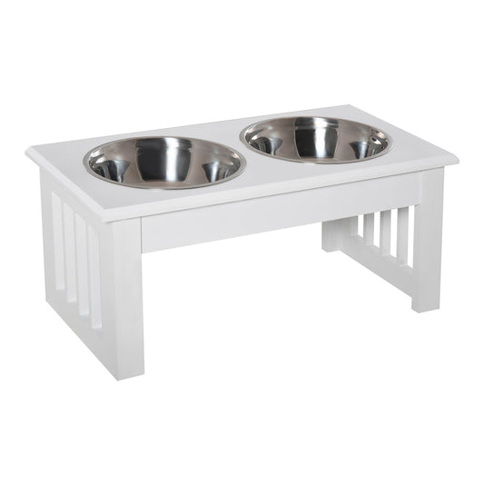 PawHut Raised Dog Feeding Bowls with Stand, a white wooden stand holding two stainless steel bowls