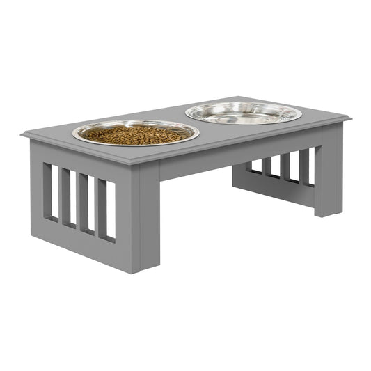 PawHut Raised Dog Feeding Bowls with Stand in grey with two metal bowls filled with food