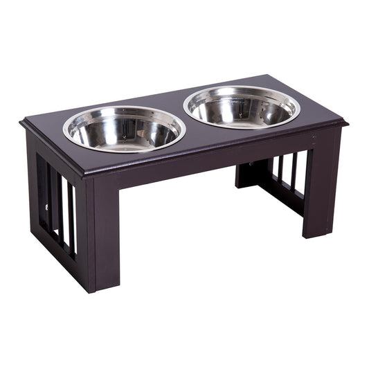 PawHut Raised Dog Feeding Bowls with Stand, a dark brown wooden stand holding two stainless steel bowls