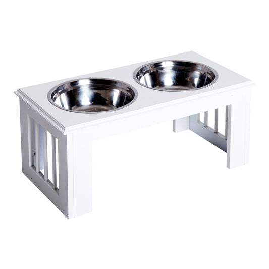 PawHut Raised Dog Feeding Bowls with Stand, a white wooden frame holding two stainless steel bowls