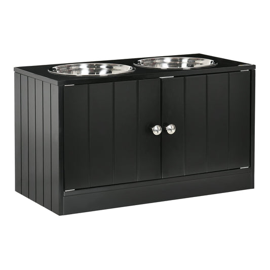 PawHut Raised Pet Feeder in black with two silver bowls and a storage cabinet underneath